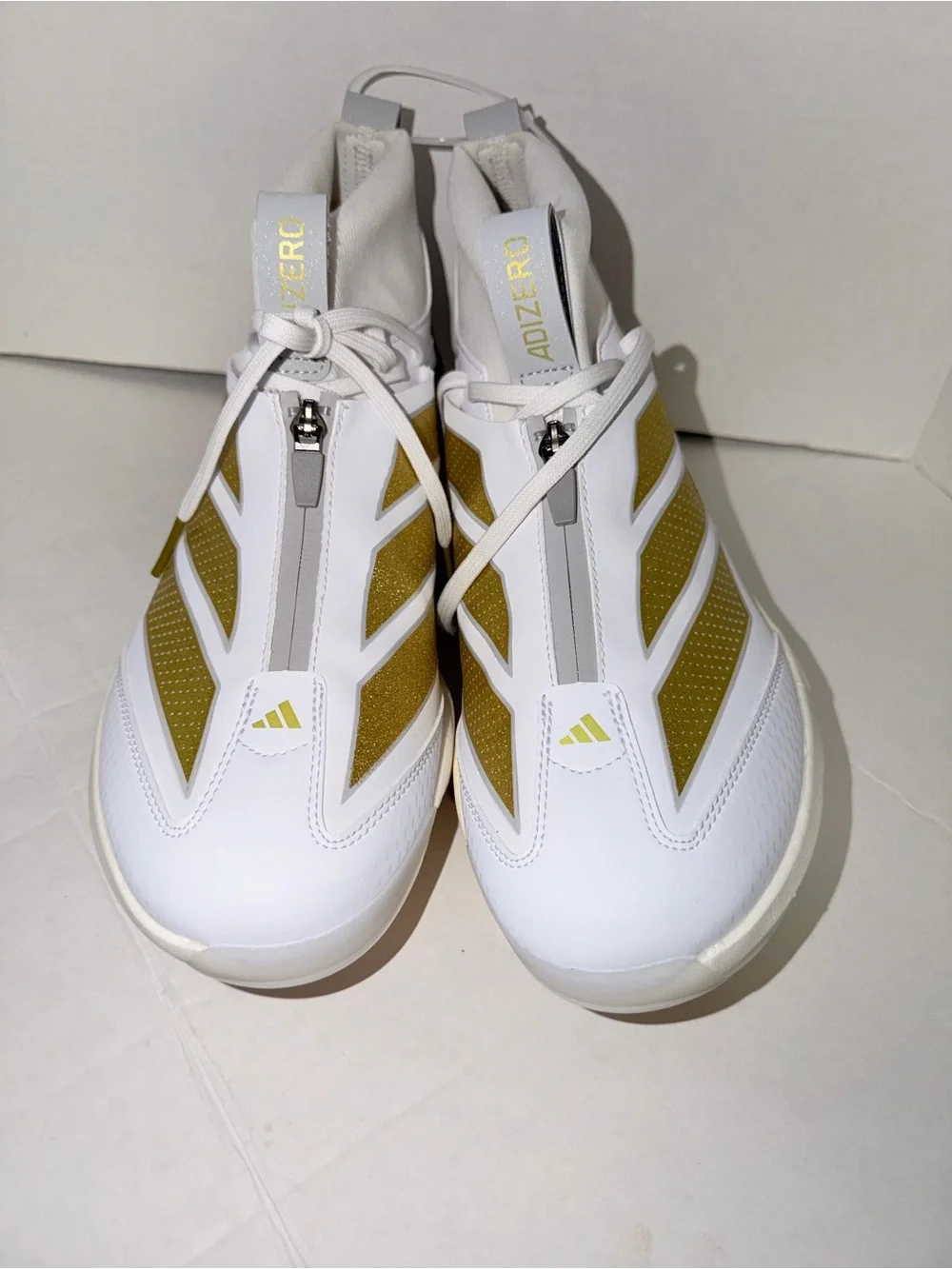 adidas Adizero Men’s White and Gold Athletic Sneakers with Zip Closure